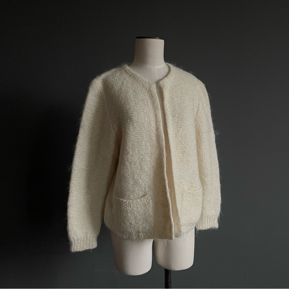 Vintage Ivory Mohair Cardigan Open Front Soft Minimal Luxe Wool Knit Cozy Bridal